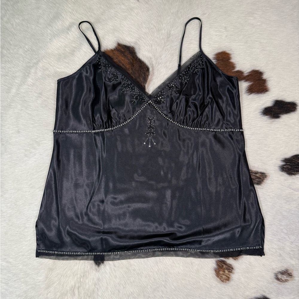 00’s Black Satin Beaded Camisole – Size 2X